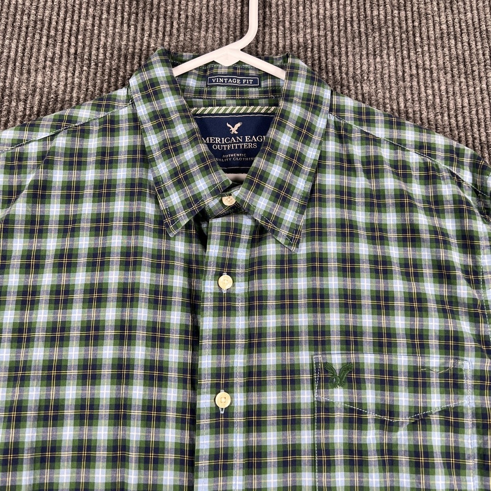 American Eagle Shirt Mens XL Extra Large Green Plaid Long Sleeve Button Up